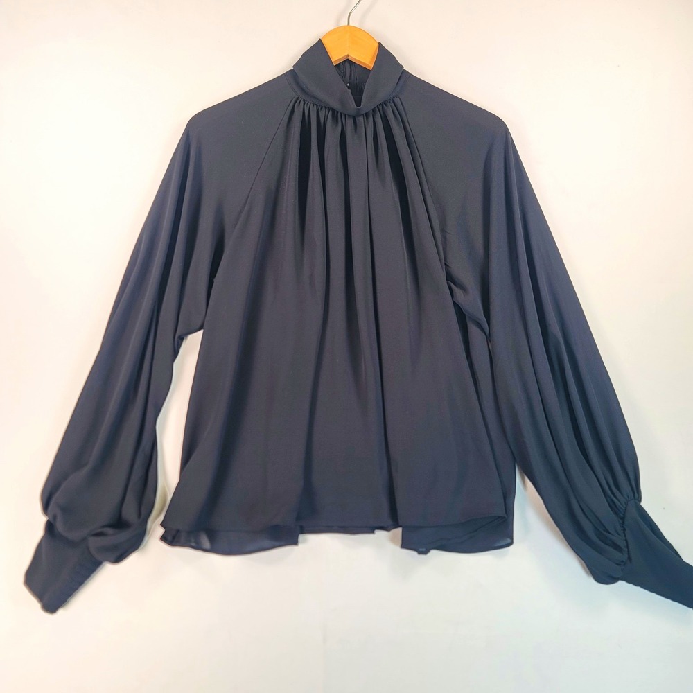 Madewell Womens M Black Sheer Blouse High Neck Balloon Sleeve Romantic Top